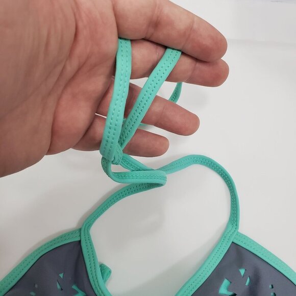 O'Rageous Women's Gray Mint Lazer Cut High Neck Tie Back Swim Bikini Top Sz L - Picture 6 of 6